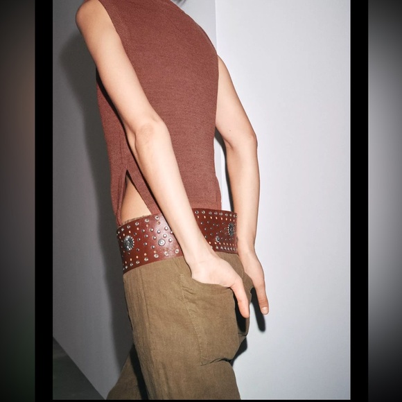 Zara leather wide belt with metal flower & studs main image 9